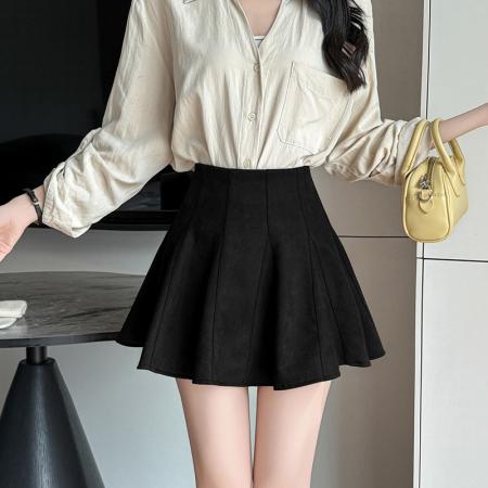 FA46589# 麂皮绒百褶裙短裙女新款秋冬季时尚气质A字裙伞裙半身裙子