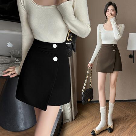 FA46590# 秋冬新款钉扣设计感不规则半身裙遮胯毛呢A字裙显瘦包臂裙子