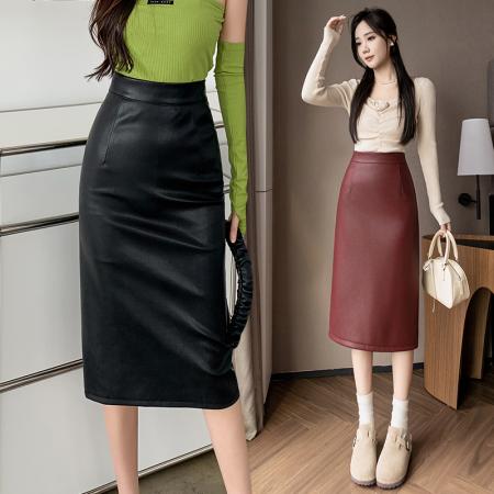 FA46592# 秋冬新款PU皮裙百搭职业裙中长款半身裙高腰新款一步裙包臀裙