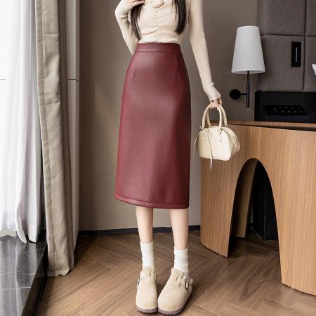 FA46592# 秋冬新款PU皮裙百搭职业裙中长款半身裙高腰新款一步裙包臀裙