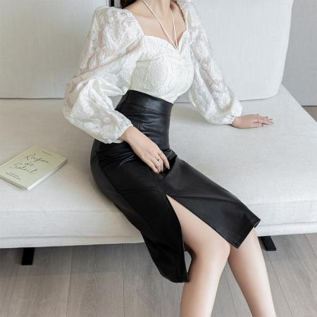 FA46593# 秋冬新款时尚性感前开叉长裙PU皮裙包臀裙网红OL职业裙半身裙