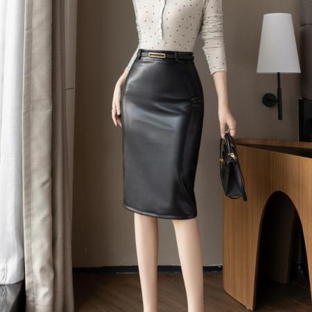 FA46594# 秋季新款弹力皮裙半身裙女包臀裙一步裙显瘦黑色中裙大码气质
