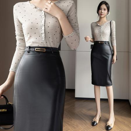 FA46594# 秋季新款弹力皮裙半身裙女包臀裙一步裙显瘦黑色中裙大码气质