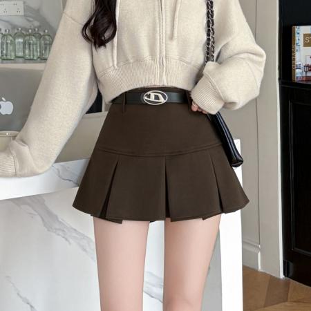 FA46595# 秋冬新款设计感腰带百褶短裙美式校园风毛呢a字裙辣妹半裙子