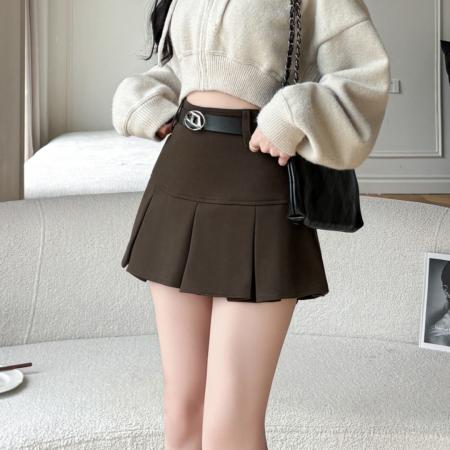 FA46595# 秋冬新款设计感腰带百褶短裙美式校园风毛呢a字裙辣妹半裙子