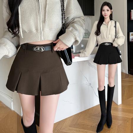 FA46595# 秋冬新款设计感腰带百褶短裙美式校园风毛呢a字裙辣妹半裙子
