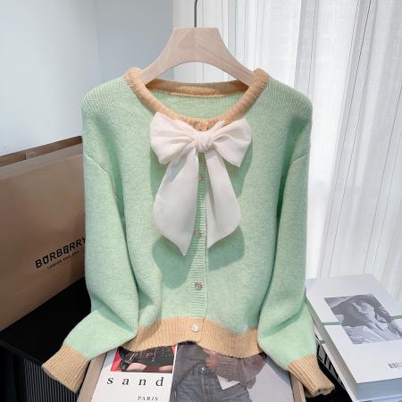 FA46597# 小香风蝴蝶结毛衣外套女秋冬新款特别漂亮显白针织开衫上衣
