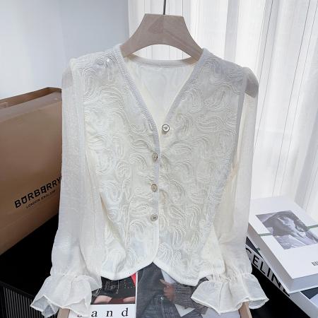 FA46598# 小香通勤气质春秋长袖衬衫女新款高级感提花小众短款上衣