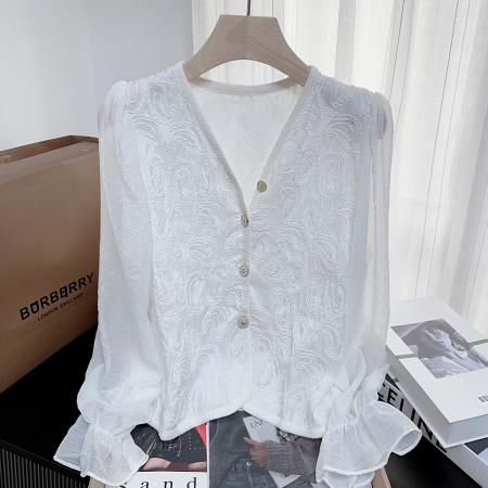 FA46598# 小香通勤气质春秋长袖衬衫女新款高级感提花小众短款上衣