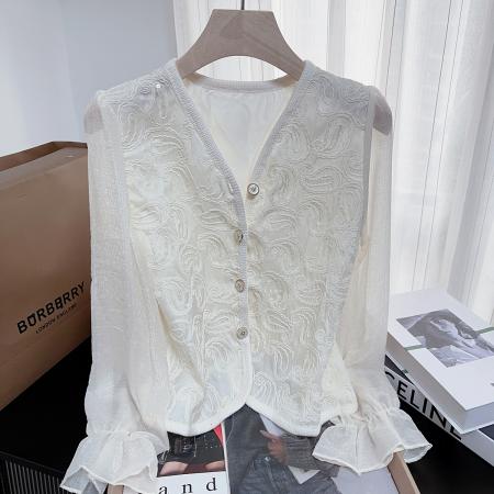 FA46598# 小香通勤气质春秋长袖衬衫女新款高级感提花小众短款上衣