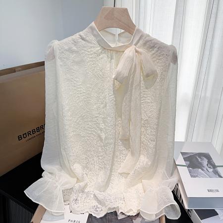 FA46599# 春秋新款温柔蝴蝶结蕾丝长袖衬衫女小众质气百搭宽松上衣