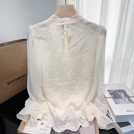FA46599# 春秋新款温柔蝴蝶结蕾丝长袖衬衫女小众质气百搭宽松上衣