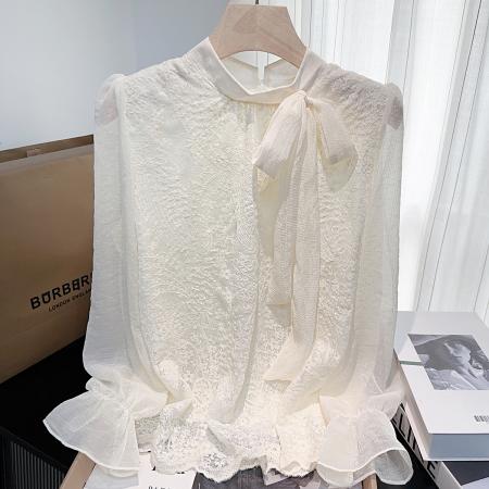 FA46599# 春秋新款温柔蝴蝶结蕾丝长袖衬衫女小众质气百搭宽松上衣