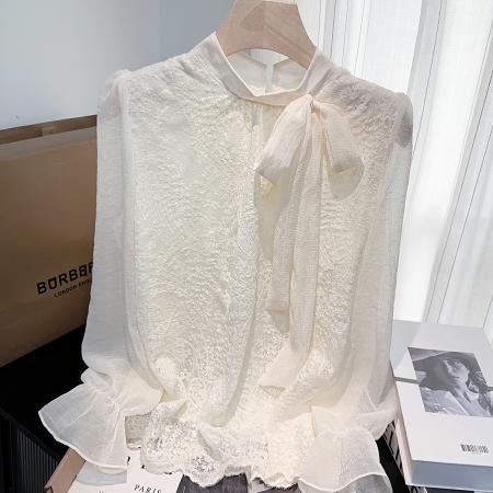 FA46599# 春秋新款温柔蝴蝶结蕾丝长袖衬衫女小众质气百搭宽松上衣