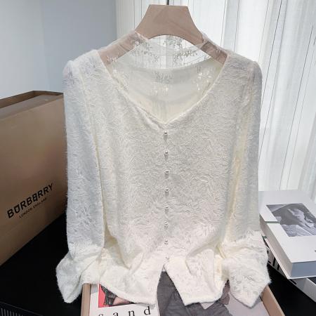 FA46600# 秋冬加绒加厚蕾丝外穿内搭打底衫温柔假两件百搭长袖衬衫女