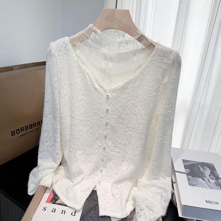 FA46600# 秋冬加绒加厚蕾丝外穿内搭打底衫温柔假两件百搭长袖衬衫女