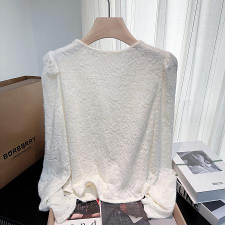 FA46601# 秋冬加绒加厚v领蕾丝泡泡袖外穿长袖衬衫温柔百搭内搭打底衫