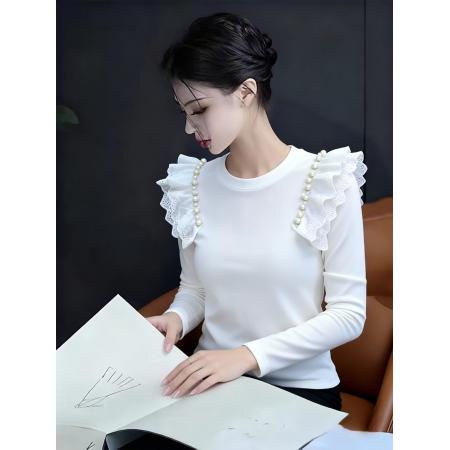 FA46602# 蕾丝拼接重工钉珠镶钻长袖T恤女秋装款打底显瘦百搭洋气上衣女