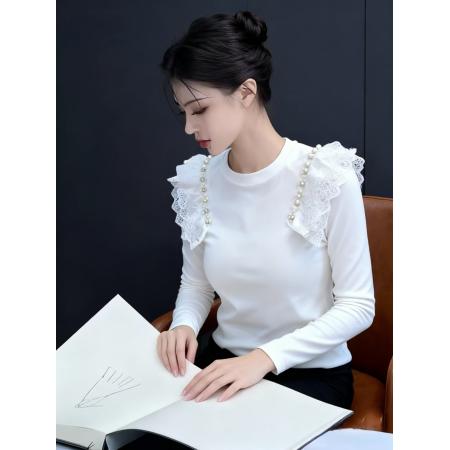 FA46602# 蕾丝拼接重工钉珠镶钻长袖T恤女秋装款打底显瘦百搭洋气上衣女