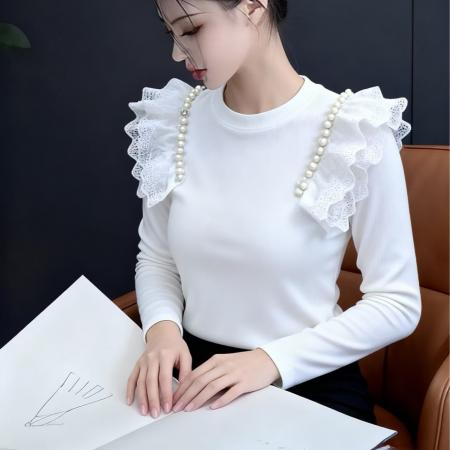 FA46602# 蕾丝拼接重工钉珠镶钻长袖T恤女秋装款打底显瘦百搭洋气上衣女