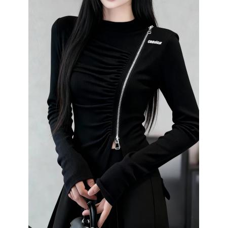 FA46603# 不规则开叉斜方双拉链长袖T恤秋冬新款正肩褶皱收腰显瘦上衣