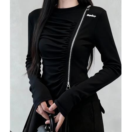 FA46603# 不规则开叉斜方双拉链长袖T恤秋冬新款正肩褶皱收腰显瘦上衣