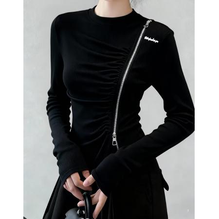 FA46603# 不规则开叉斜方双拉链长袖T恤秋冬新款正肩褶皱收腰显瘦上衣