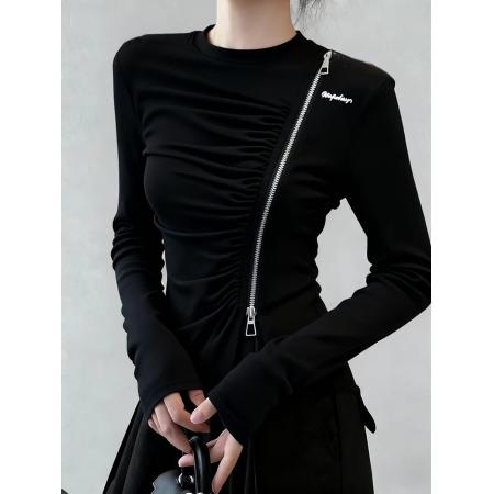 FA46603# 不规则开叉斜方双拉链长袖T恤秋冬新款正肩褶皱收腰显瘦上衣