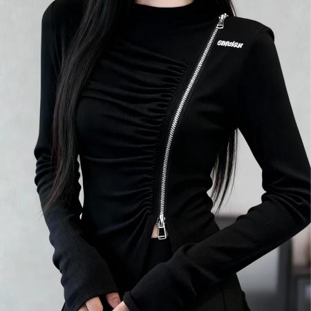 FA46603# 不规则开叉斜方双拉链长袖T恤秋冬新款正肩褶皱收腰显瘦上衣