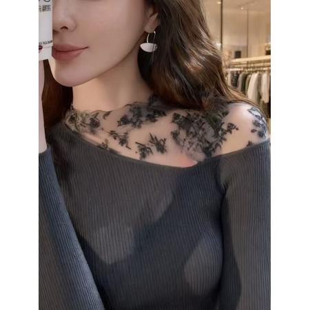 FA46604# 法式复古灰色蕾丝拼接秋冬季针织打底衫女内搭修身显瘦长袖上衣