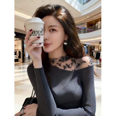 FA46604# 法式复古灰色蕾丝拼接秋冬季针织打底衫女内搭修身显瘦长袖上衣