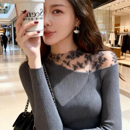 FA46604# 法式复古灰色蕾丝拼接秋冬季针织打底衫女内搭修身显瘦长袖上衣