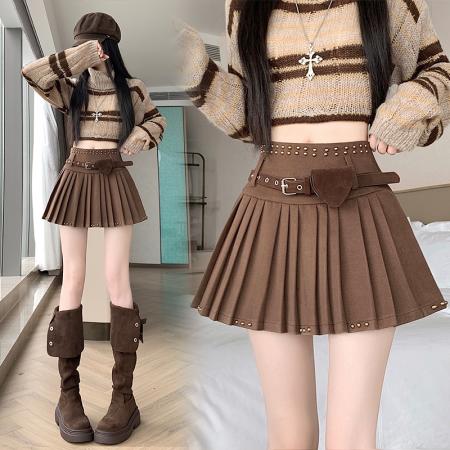 FA46606# 新版甜辣风百搭重工修身高腰毛呢百褶裙半身裙配送腰带