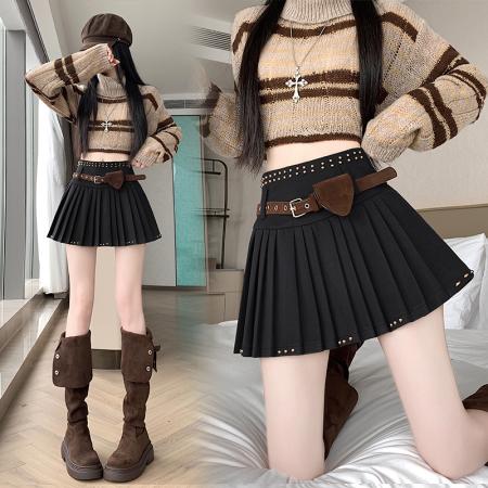 FA46606# 新版甜辣风百搭重工修身高腰毛呢百褶裙半身裙配送腰带