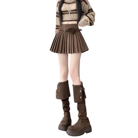 FA46606# 新版甜辣风百搭重工修身高腰毛呢百褶裙半身裙配送腰带