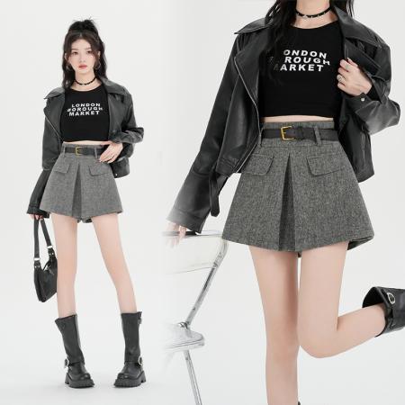 FA46607# 百搭显瘦网红呢料A字阔腿裙裤短款