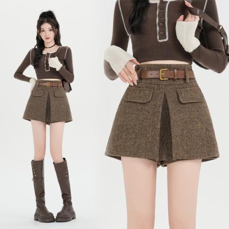 FA46607# 百搭显瘦网红呢料A字阔腿裙裤短款