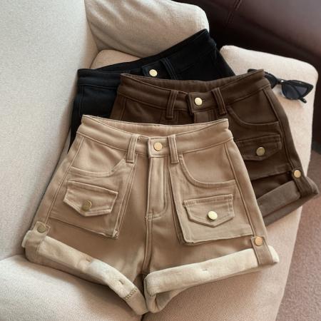 FA46608# 秋冬复古高腰工装加绒短裤