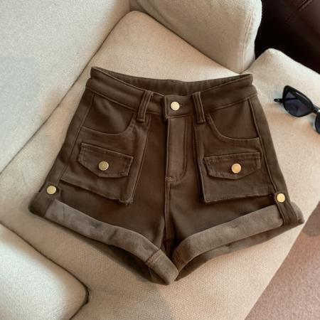 FA46608# 秋冬复古高腰工装加绒短裤