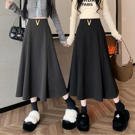 FA46609# 大码女装秋冬新款加厚毛呢高腰半身裙女百搭中长款伞裙大摆裙