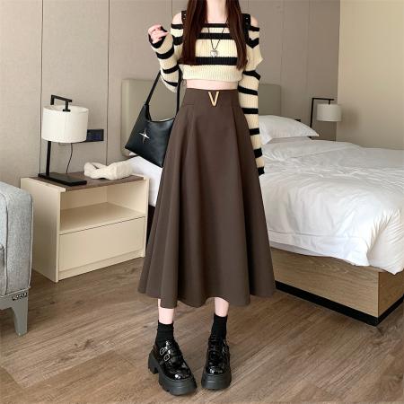 FA46609# 大码女装秋冬新款加厚毛呢高腰半身裙女百搭中长款伞裙大摆裙