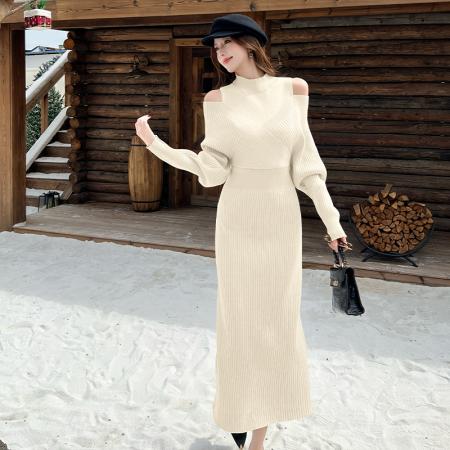 FA46610# 法式小资气质灰色假两件露肩高领针织连衣裙女修身慵懒松弛感长裙