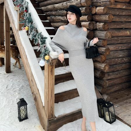 FA46610# 法式小资气质灰色假两件露肩高领针织连衣裙女修身慵懒松弛感长裙