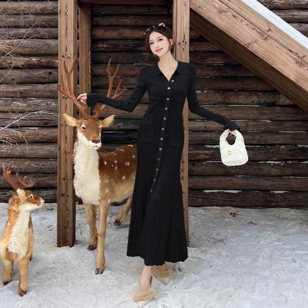 FA46611# 法式轻奢气质名媛减龄奶油黄单排扣修身垂感翻领针织连衣裙长裙