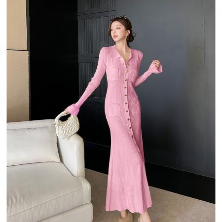 FA46611# 法式轻奢气质名媛减龄奶油黄单排扣修身垂感翻领针织连衣裙长裙