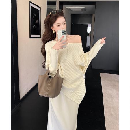 FA46614# 韩系慵懒风不规则宽松显瘦长袖针织衫上衣半身裙时尚毛衣两件套