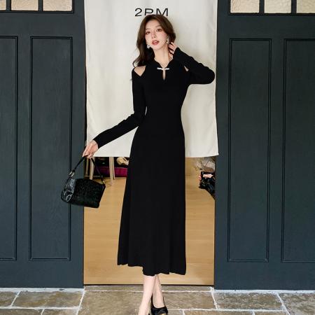 FA46615# 秋冬新款新中式改良旗袍假两件缕空针织连衣裙打底毛衣长裙女