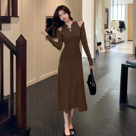 FA46615# 秋冬新款新中式改良旗袍假两件缕空针织连衣裙打底毛衣长裙女