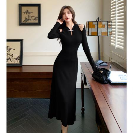 FA46615# 秋冬新款新中式改良旗袍假两件缕空针织连衣裙打底毛衣长裙女