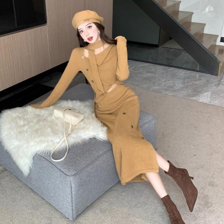 FA46616# 美拉德咖色小香风针织套装女秋冬新款高级感毛衣半身裙气质两件套